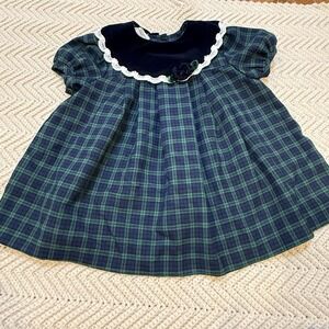 Bonnie Baby Dress Girl 24 Months S/S Green Navy Blue Plaid Rose USA Made 80s VTG